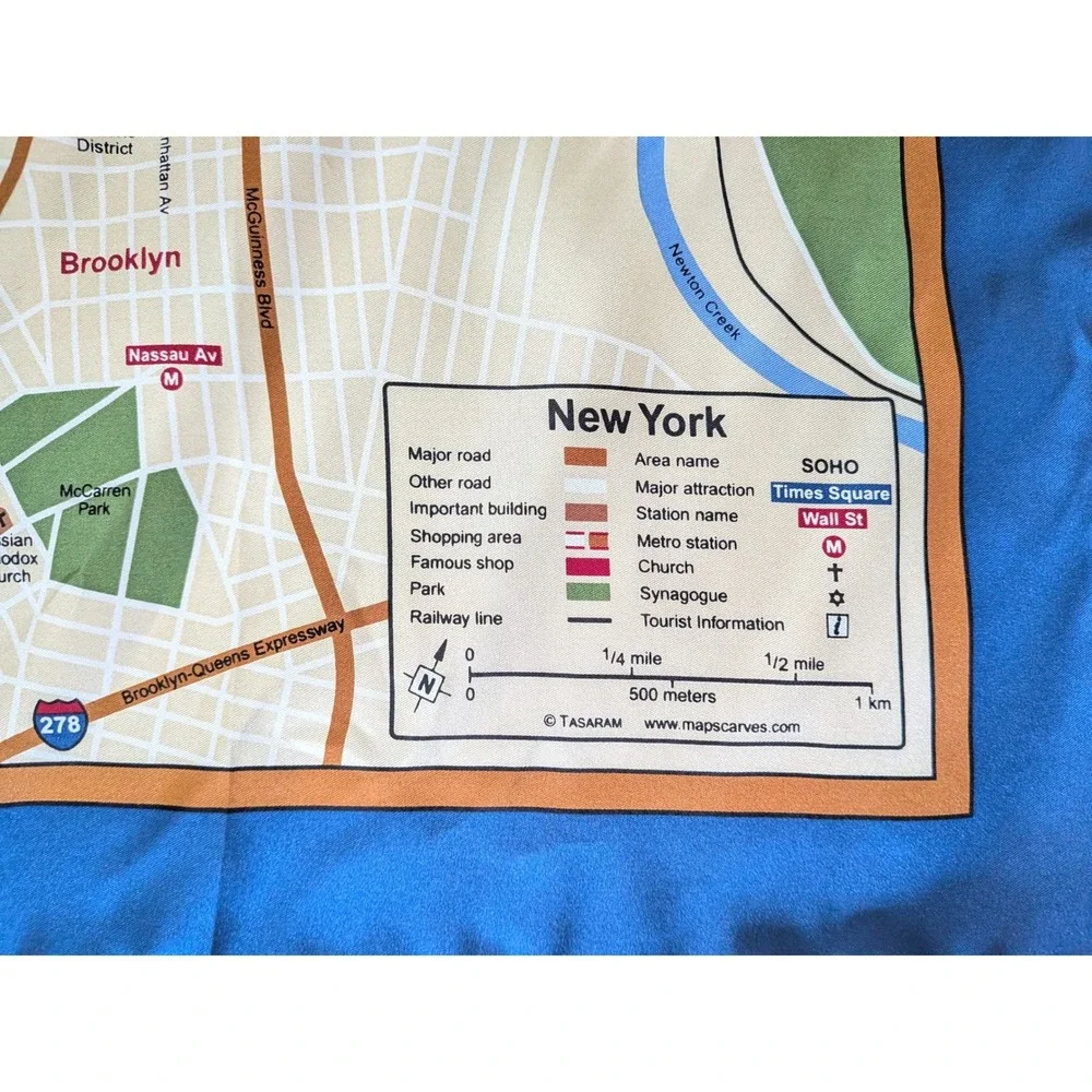 TASARAM Scarf Women Silk NYC Map Manhattan Brooklyn Travel Souvenir Urban City